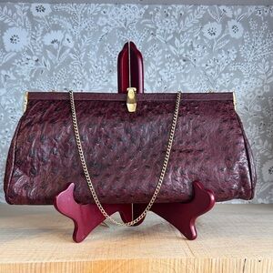 Genuine Ostrich Leather Burgundy Clutch with Gold Chain